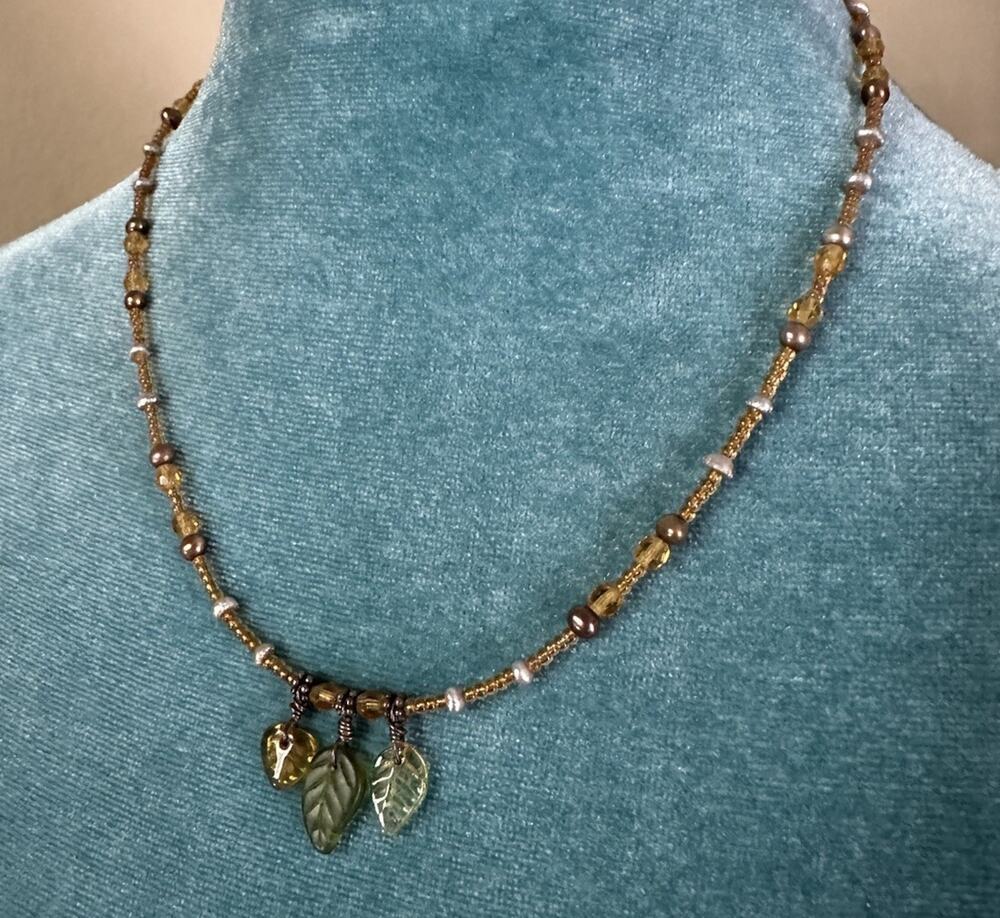 Artisan Botanical collar necklace silver tone wire Tiny amber beads Hippie Boho